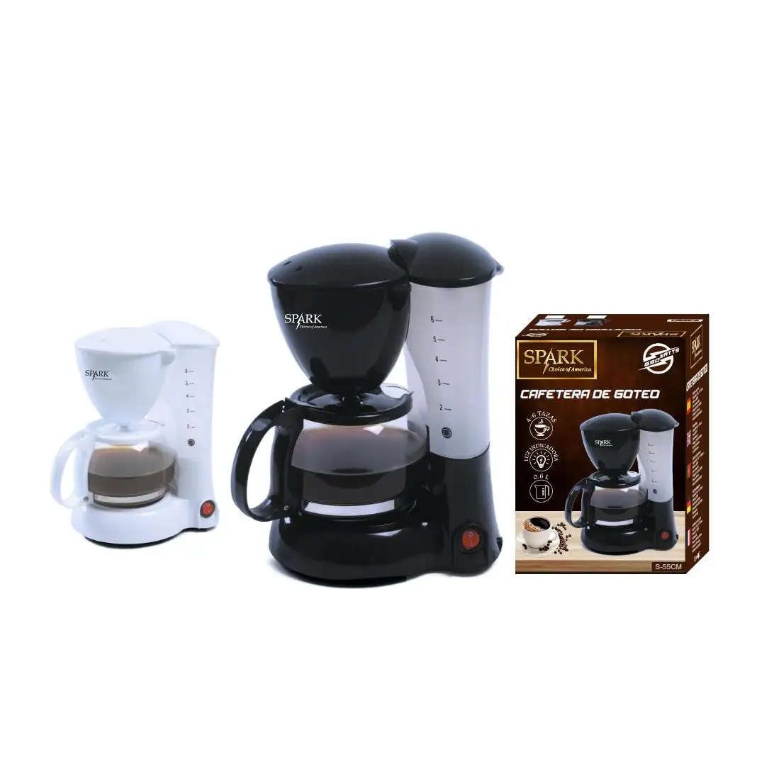 SPARK - Cafetera de Goteo 4-6 Tazas 0.6L Potencia 650W Recipiente de Cristal Desmontable, Protección térmica, Función Anti-Goteo, Llenado Preciso, Filtro de Nylon Reutilizable Integrado, Café Té