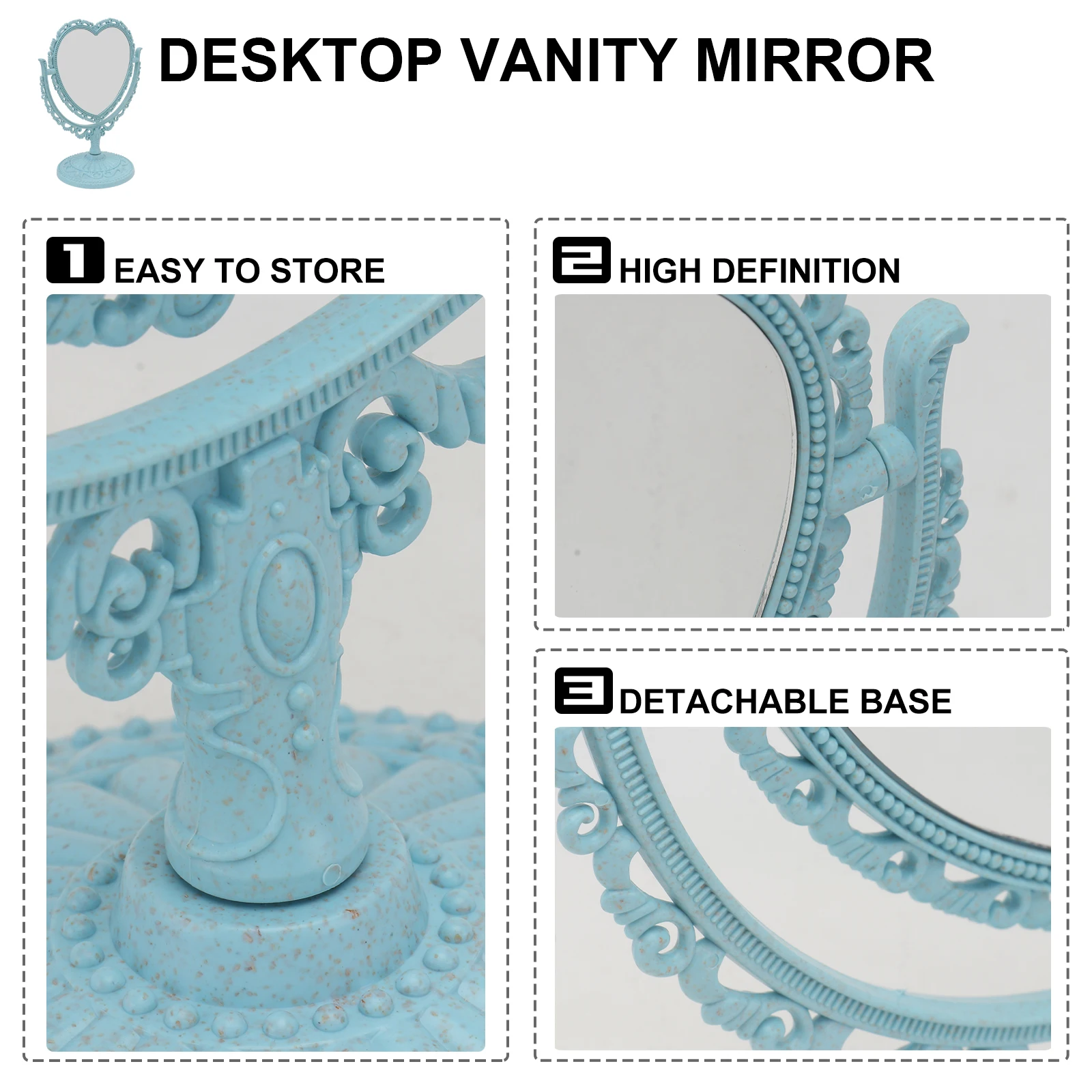 

Heart Shape Blue Vanity Mirror 360 Degree Rotation 2x Magnifying Side Regular Side Premium Material Durable Fadeless