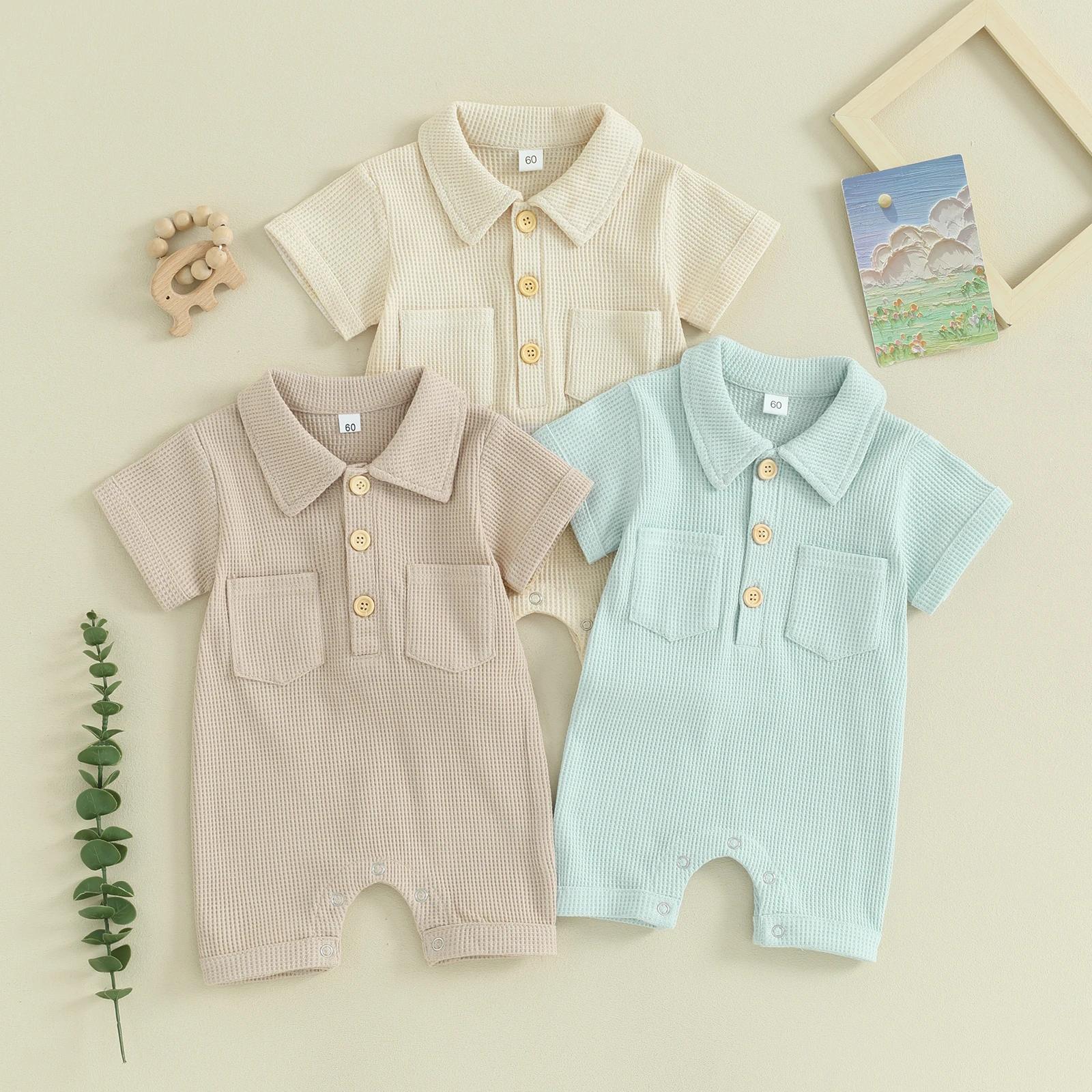 

Infant Baby Boy Summer Casual Jumpsuit Solid Color Waffle Short Sleeve Lapel Pocket Romper Toddler Kids Playsuits Clothes