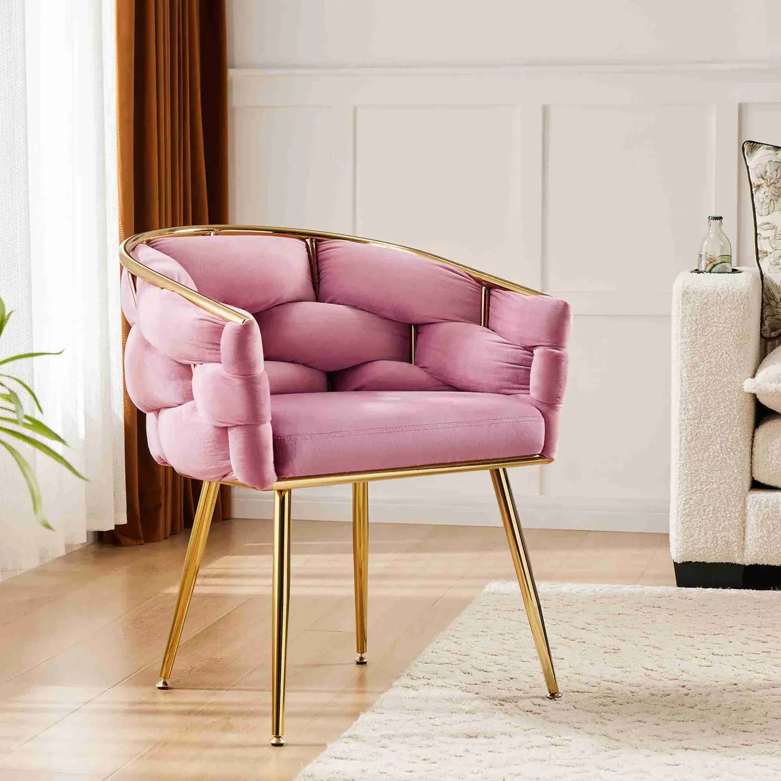 

Accent Chair Metal Structure High Stability Velvet Fabric Metal Legs Pink Comfortable Upholstered Chair