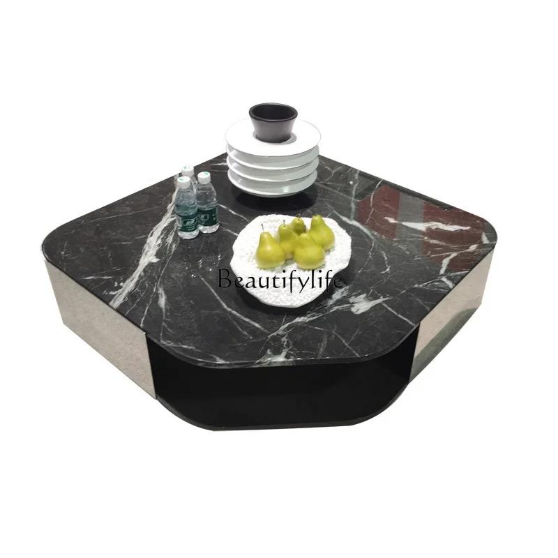 

44Italian light luxury stainless steel natural marble emerald square coffee table high-end household