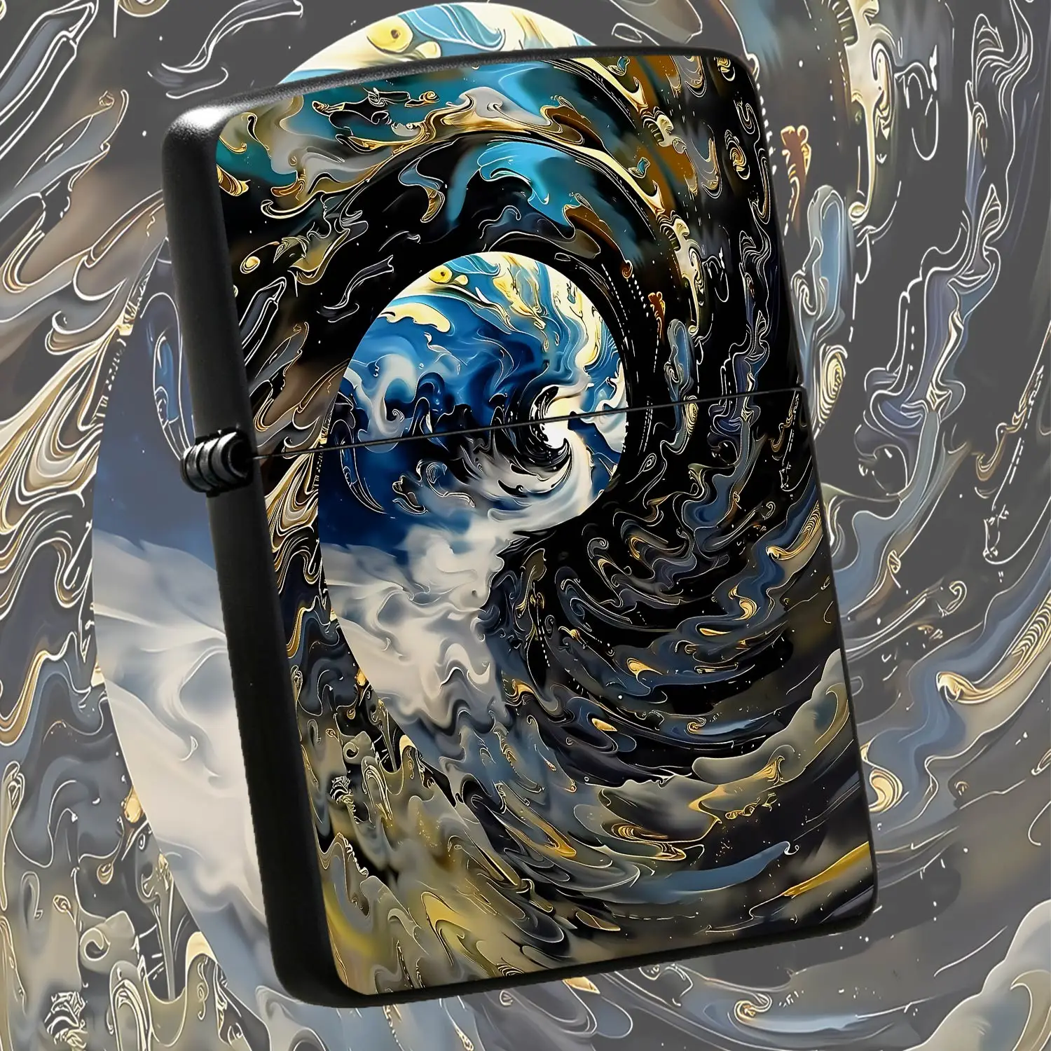 Artistic Swirl Fluid Lighter, Exquisite Blue Gold Cloud Flow Aesthetic Decor, Full Scenario Applicable Portable Stylish Item, Unique Artistic Pattern High Grade Practical Present For Daily Use Gifting Personal Collectio A Humorous And Inter
