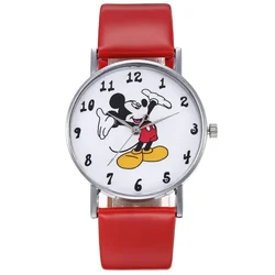 Relógio de couro mickey mouse da disney, pulseira de vidro, fivela de pino, presente infantil para meninos e meninas