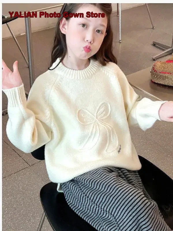 Girls Pullover Sweater Big Kids Winter Stylish White Knit Top Loose Fit 2025 Fashion Older Kids