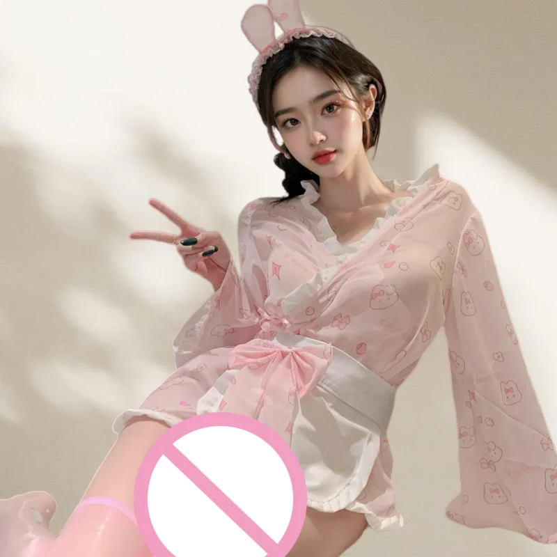 Nuevo Kimono de Dormir con Estampado de Conejita, Estilo Corto y Dulce, Tentación Japonesa, Lencería Sexy