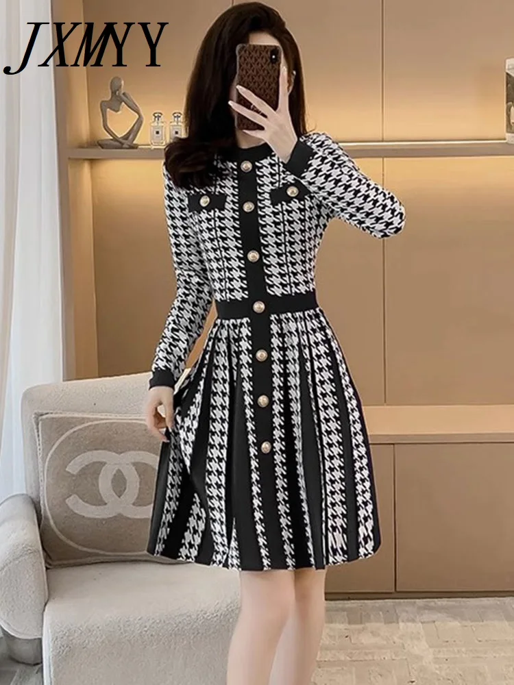 JXMYY-Women\'s Houndstooth Long Sleeve Knitted Dress, Pleated A-Line Skirt, Round Neck, Autumn and Winter Fashion, New, 2024