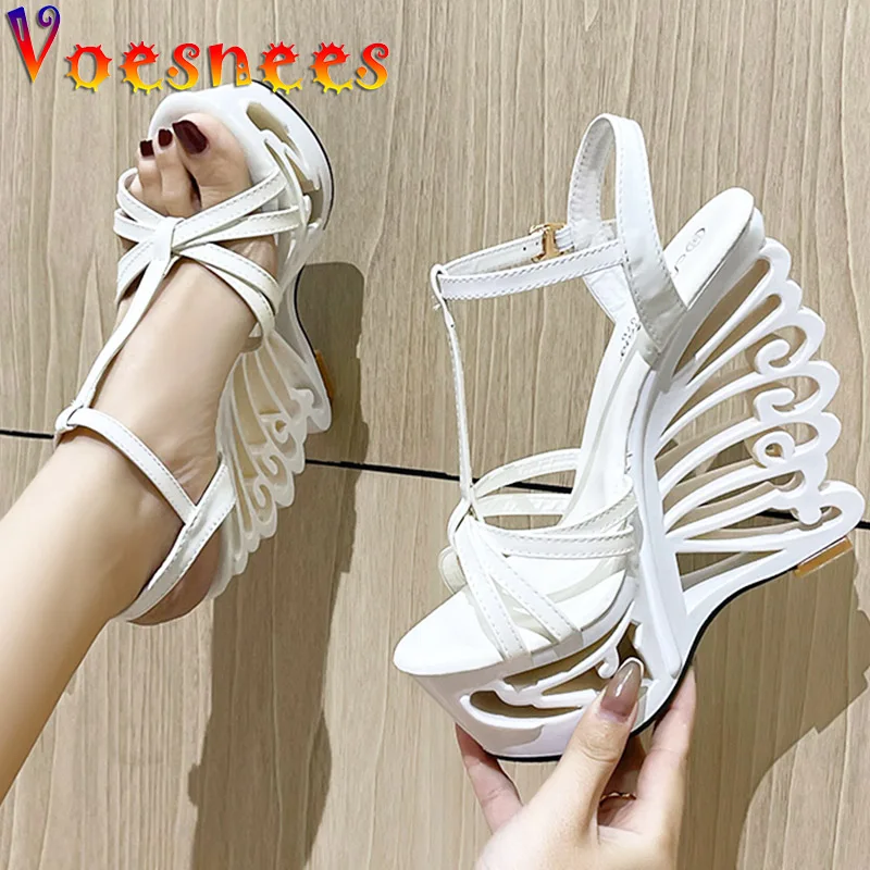 

Super High Heel Sexy Hollow Out Design Wedge Sandals 2022 Fashion Thin Band Summer Women Pumps Plus Size 14.5CM Model Show Shoe