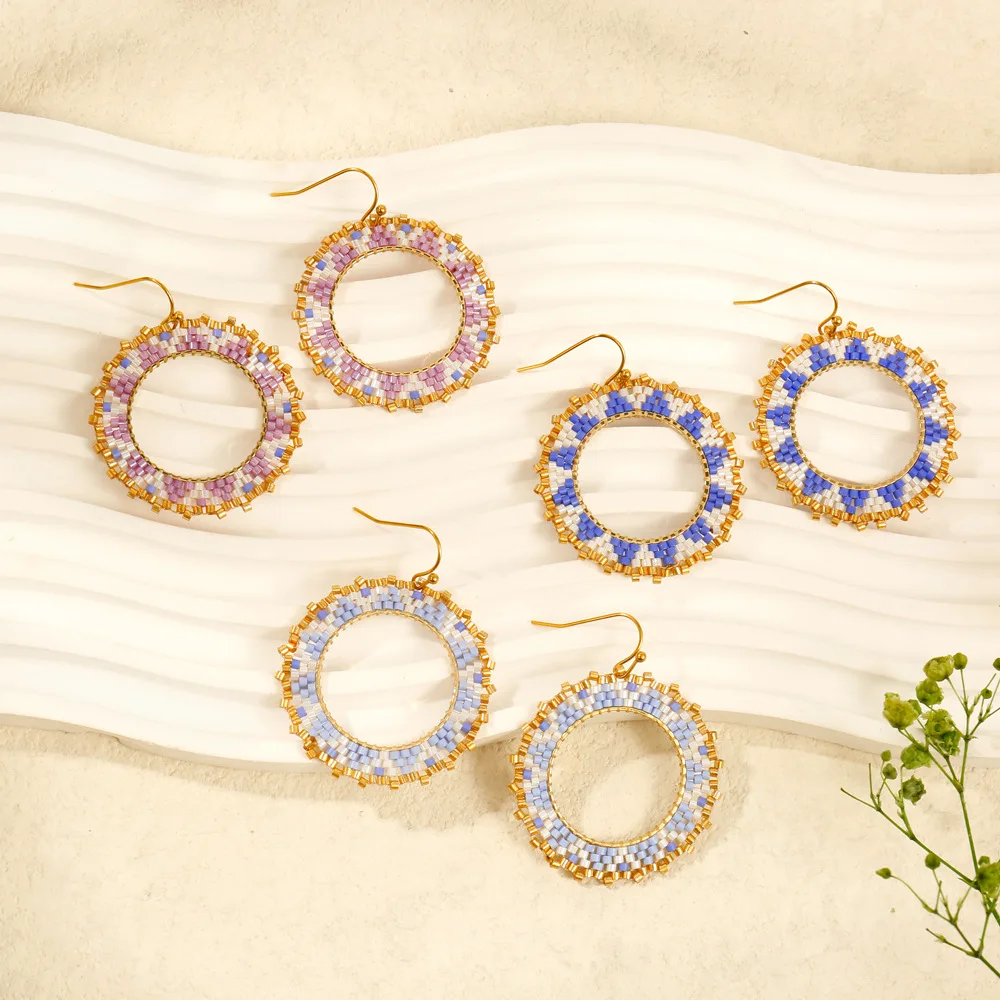 

ZGMXR Rice bead earrings Circle Triangle Handmade weaving Original Fashion Bohemia Simple Alloy female Geometry Beaded earrings