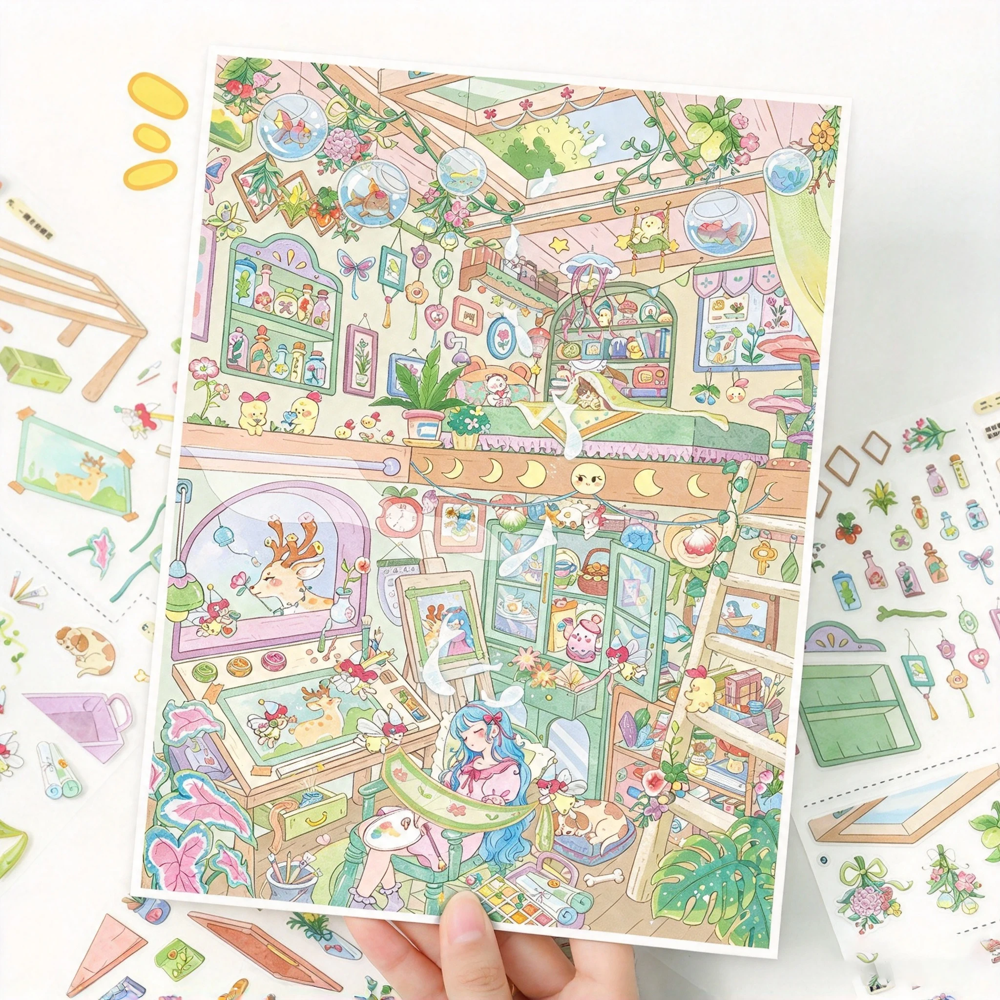 Kawaii Isometric View Miniature House Stickers, Warm Home Kitchen & Living Room Scene, Waterproof PET Stickers for DIY Diorama,