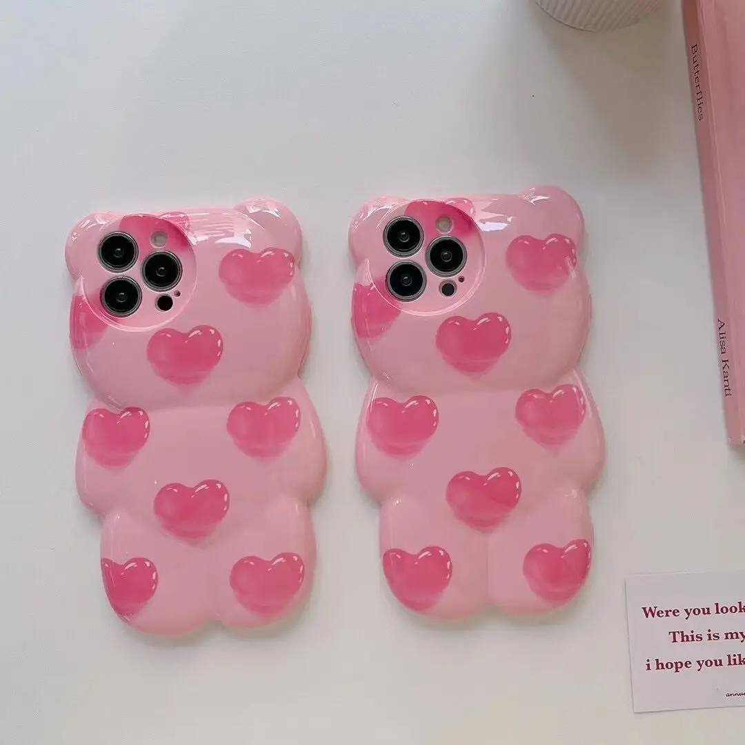 

Korean Cute Pink Love Heart 3D Bear Phone Case For iPhone 17 16 15 14 13 12 Pro Max Stylish Silicone Shockproof Soft Cover Funda
