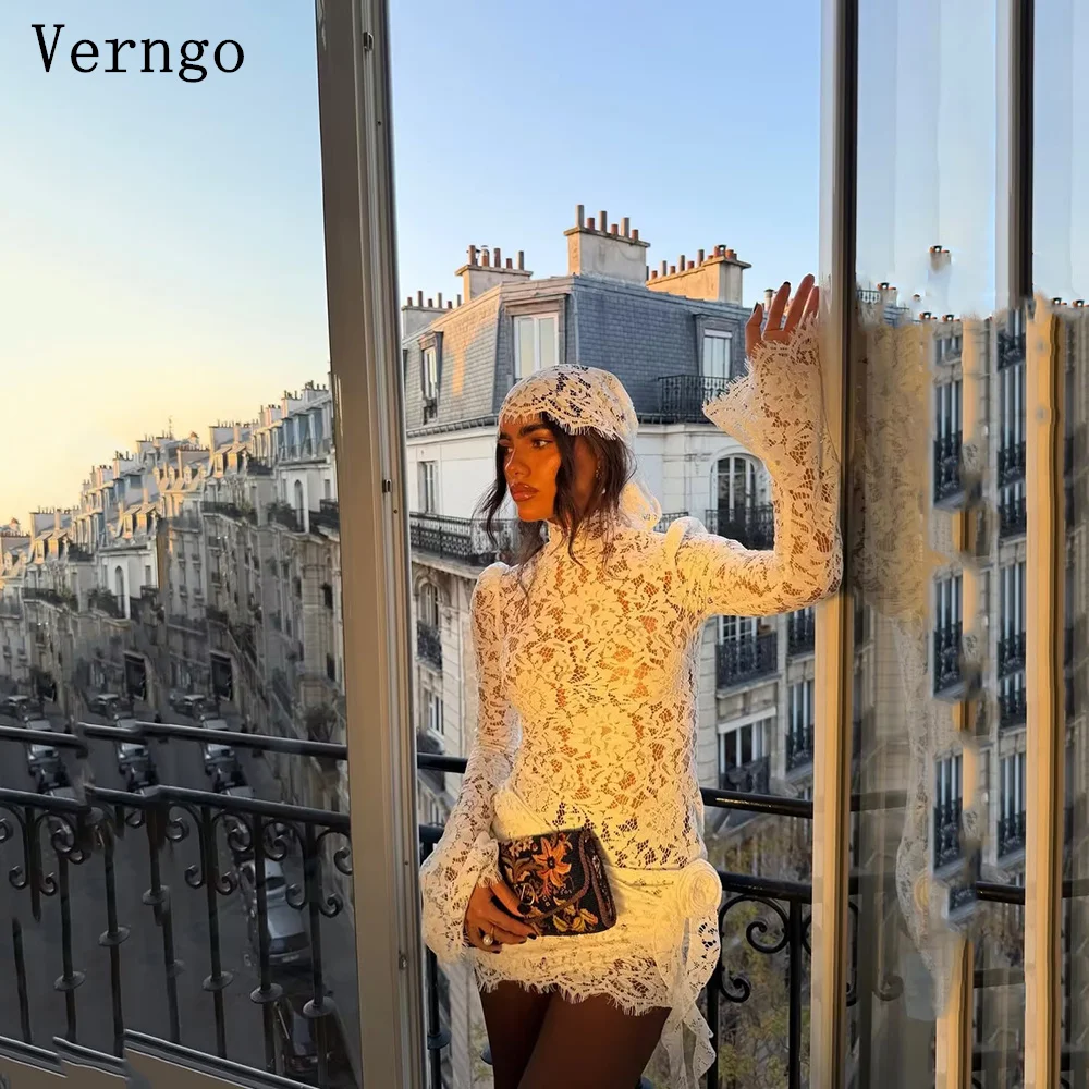 

Вечернее мини-платье Verngo с кружевом, круглым вырезом, длинными рукавами, А-силуэта, облегающее, для выпускного вечера, современное праздничное платье 2026, на заказ