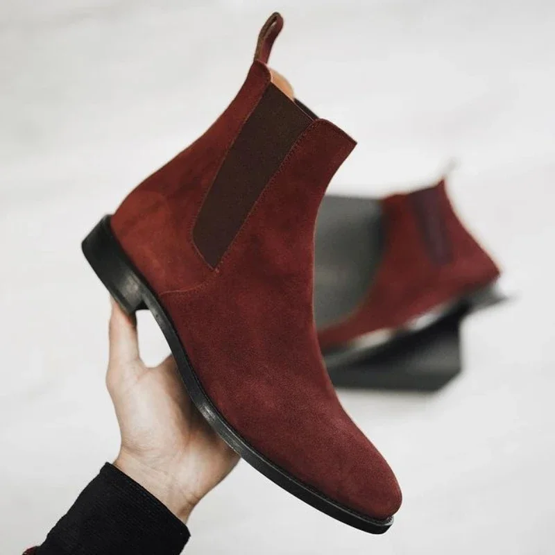 New Chelsea Boots for Men Business Flock Round Toe Slip-On Solid Men\'s Formal Boots Size 38-48 Mens Boots