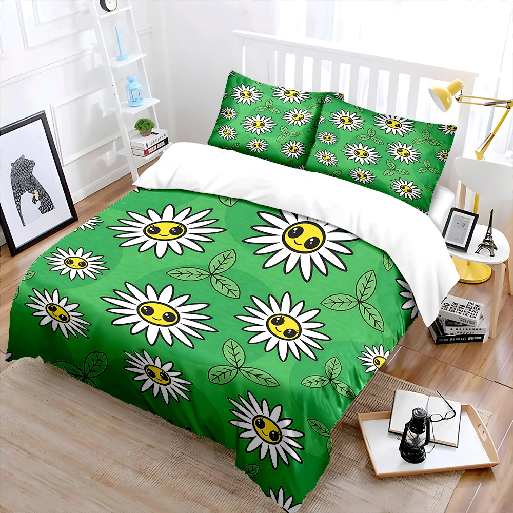 Smiling daisies with green leaves Print Soft Comfortable Duvet Cover Bedding Set Included 1*Duvet Cover  2*Pillowcases