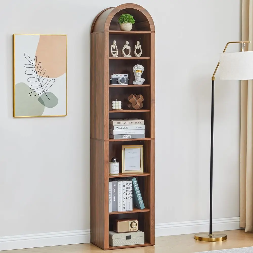 

8-Tier Walnut Arched Bookshelf for Small Spaces, Adjustable Shelves Storage Organizer