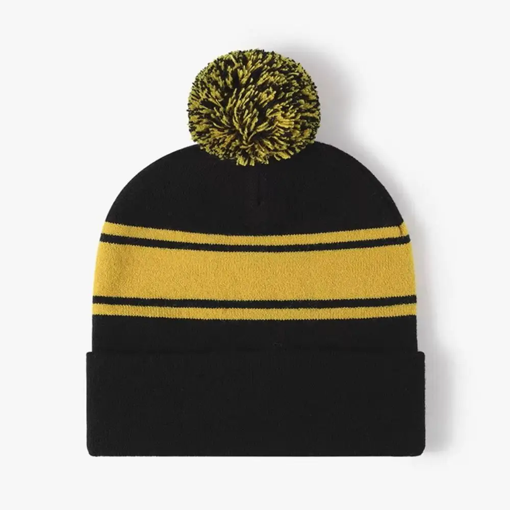 Casual Thick Knitted Warm Winter Hat Mixed Color Pompoms Design Ski Beanies Stretchy Sleeve Head Knitted Beanie Unisex