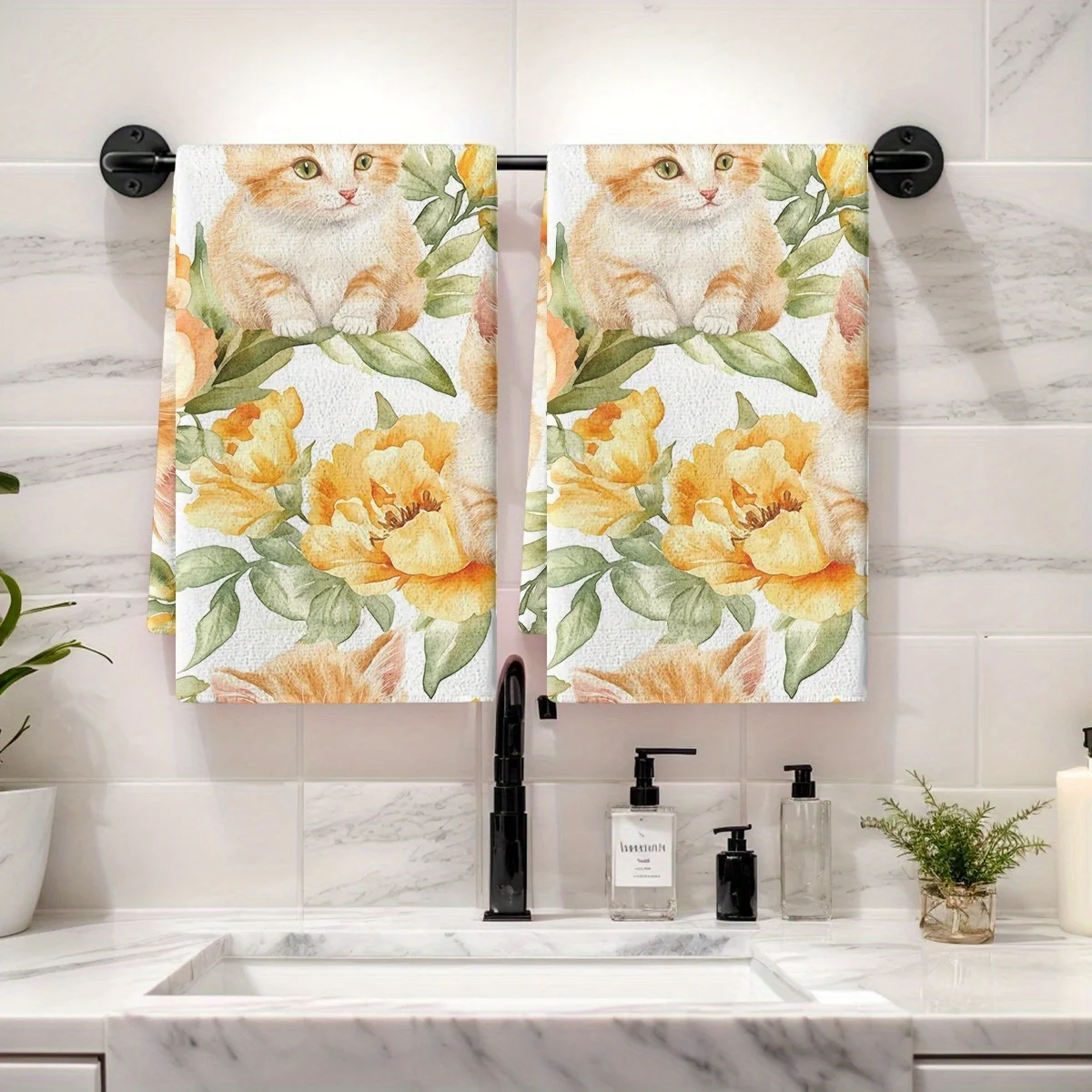 

2 шт. мягкие впитывающие кухонные полотенца, полотенце для посуды, акварельные растения, цветы, тряпки для посуды с котом, праздничное украшение, сухая ткань для кухни