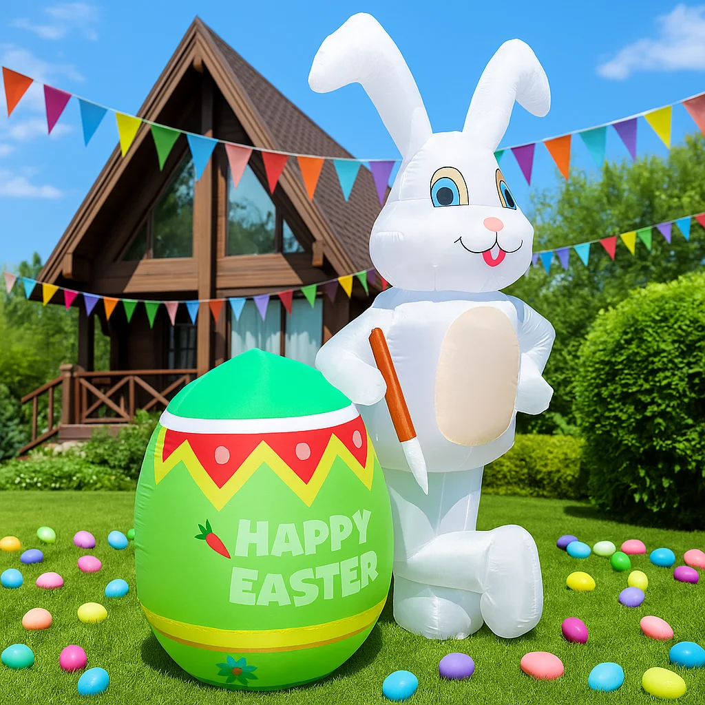 2.1M/6.8FT Happy Easter Inflatable Toys Rabbit Sit on Mushroom Decor Built-in LED Light Model Outdoor Garden Party Ornament