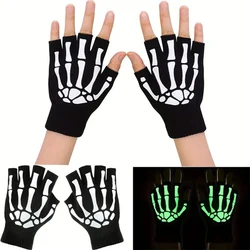 1 paio di guanti mezze dita di Halloween fluorescenti neri, guanti luminosi con teschio glow-in-the-dark di Halloween, guanti caldi invernali