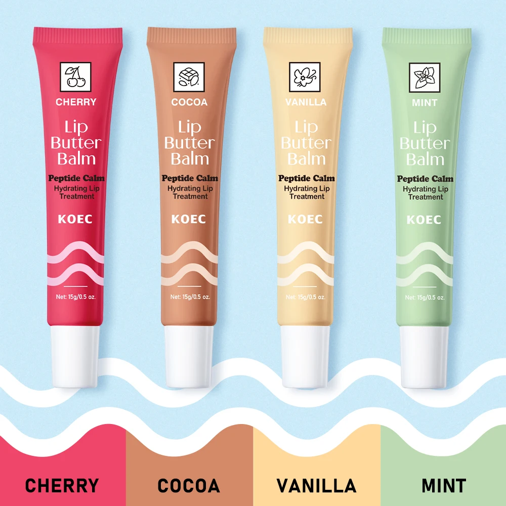 Juego de brillo de labios de cuatro sabores: bálsamo de mantequilla de labios tranquilo peptídico (cereza/menta/cacao/vainilla), mantequilla para reparación de labios secos, húmedo no pegajoso