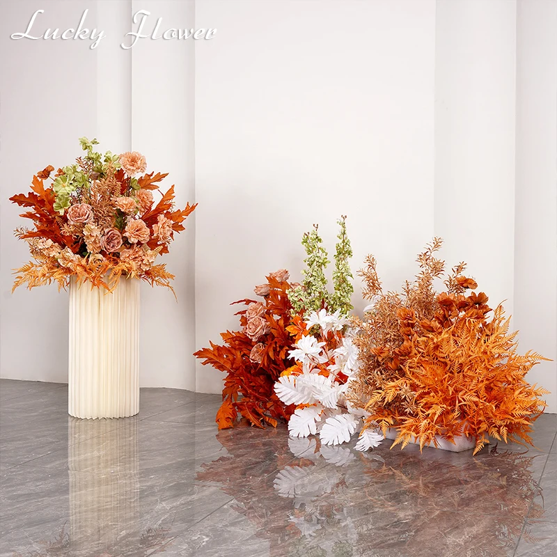 

Orange Wedding Background Artificial Flower Welcome Sign Decor Table Centerpiece Flower Ball Wedding Decoration Flower Row Props