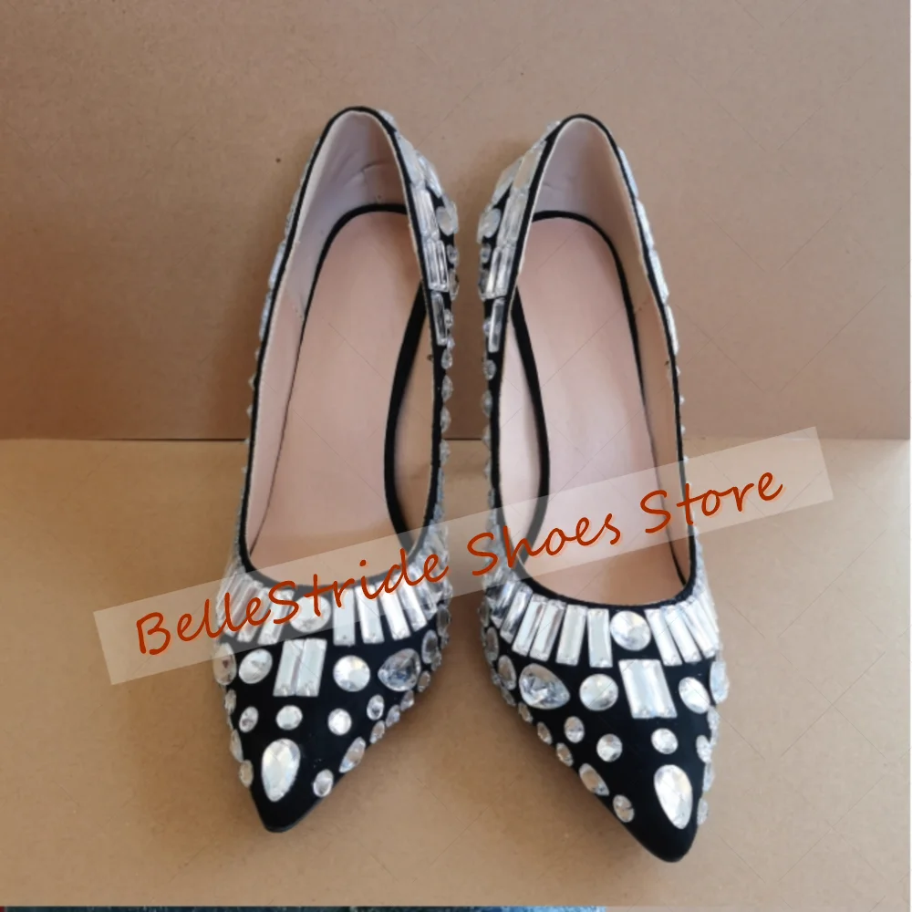 حذاء نسائي أسود بمقدمة مدببة كريستالي ضحلة حذاء نسائي أنيق بكعب عالي للحفلات والولائم والمواعدة 2025 Zapatos Para Mujere