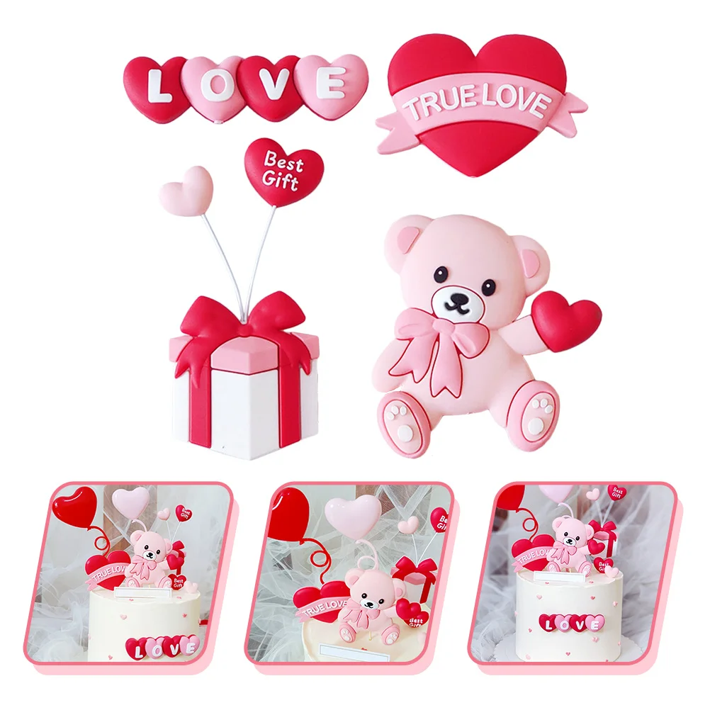 

4Pcs Cake Topper Heart Shape Romantic Cartoon Bear Valentine Cake Plug-in Cards Party Decor Romantic Cartoon Bear Topper