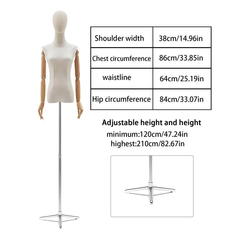 Female Dress Mannequin Portable Display Mannequin Female Dress Model Wooden Arms 51-82Inch Height Adjustable Detachable Head