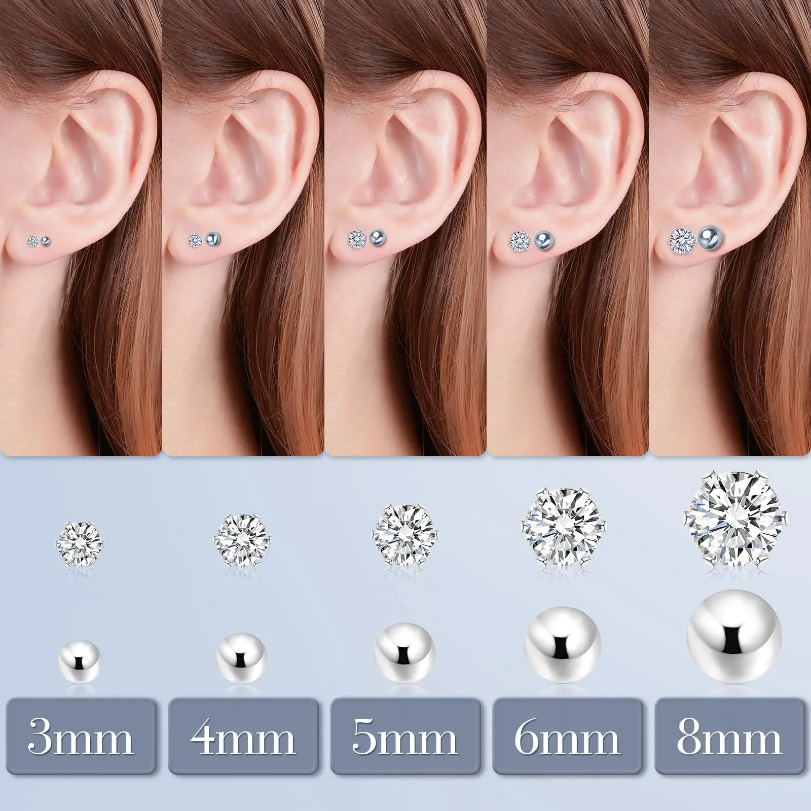 5/10 Pairs Hypoallergenic Surgical Stainless Steel Cubic Zirconia and Ball Stud Earrings Set for Women Men Ear Piercing Jewelry
