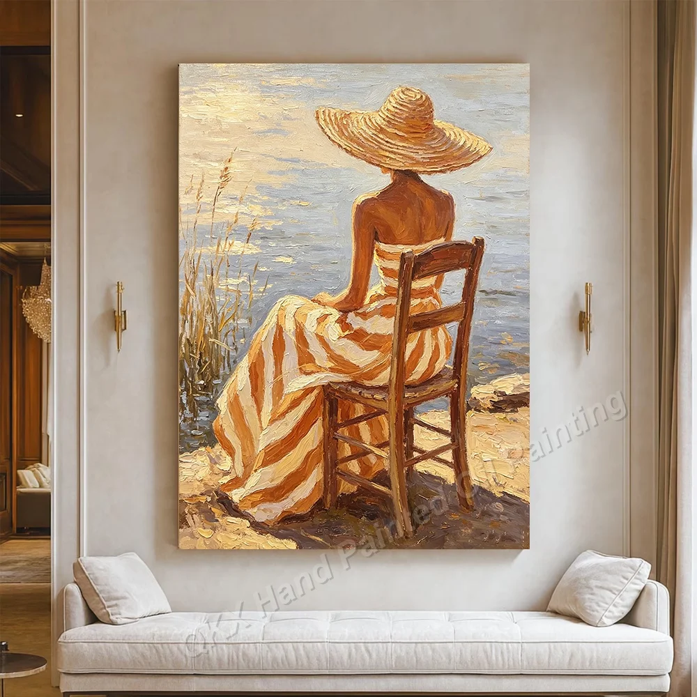 Hand-Painted Oil Painting on Canvas Wall Art Decor for Living Room, Palette Knife Warm Tone Seaside Leisure Figure Textured Wall