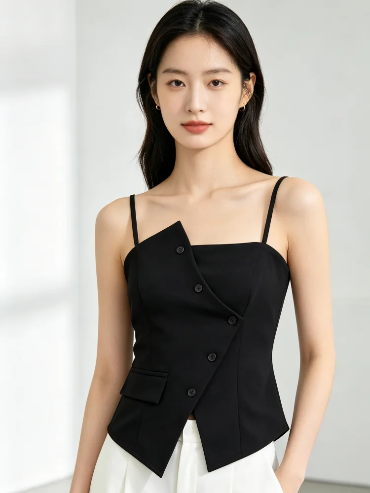 Cami-Top für Damen, asymmetrisch, mit Knopfleiste vorne, Spaghettiträgern, Peplum-Schnitt, schmal geschnitten, schwarz, elegant, für Partys, ärmelloses Oberteil. – Detail 3