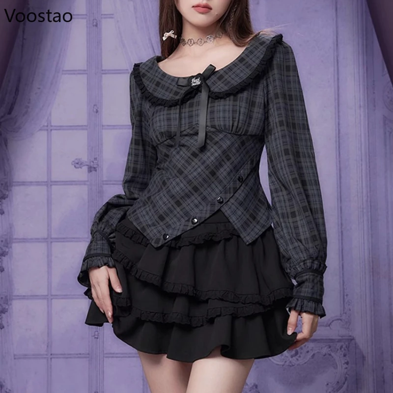 

Y2k Эстетический готический комплект из 2 предметов для женщин, винтажный воротник Питера Пэна, клетчатая блузка с длинными рукавами, топы, мини-тортик, юбка, костюм, корейский наряд