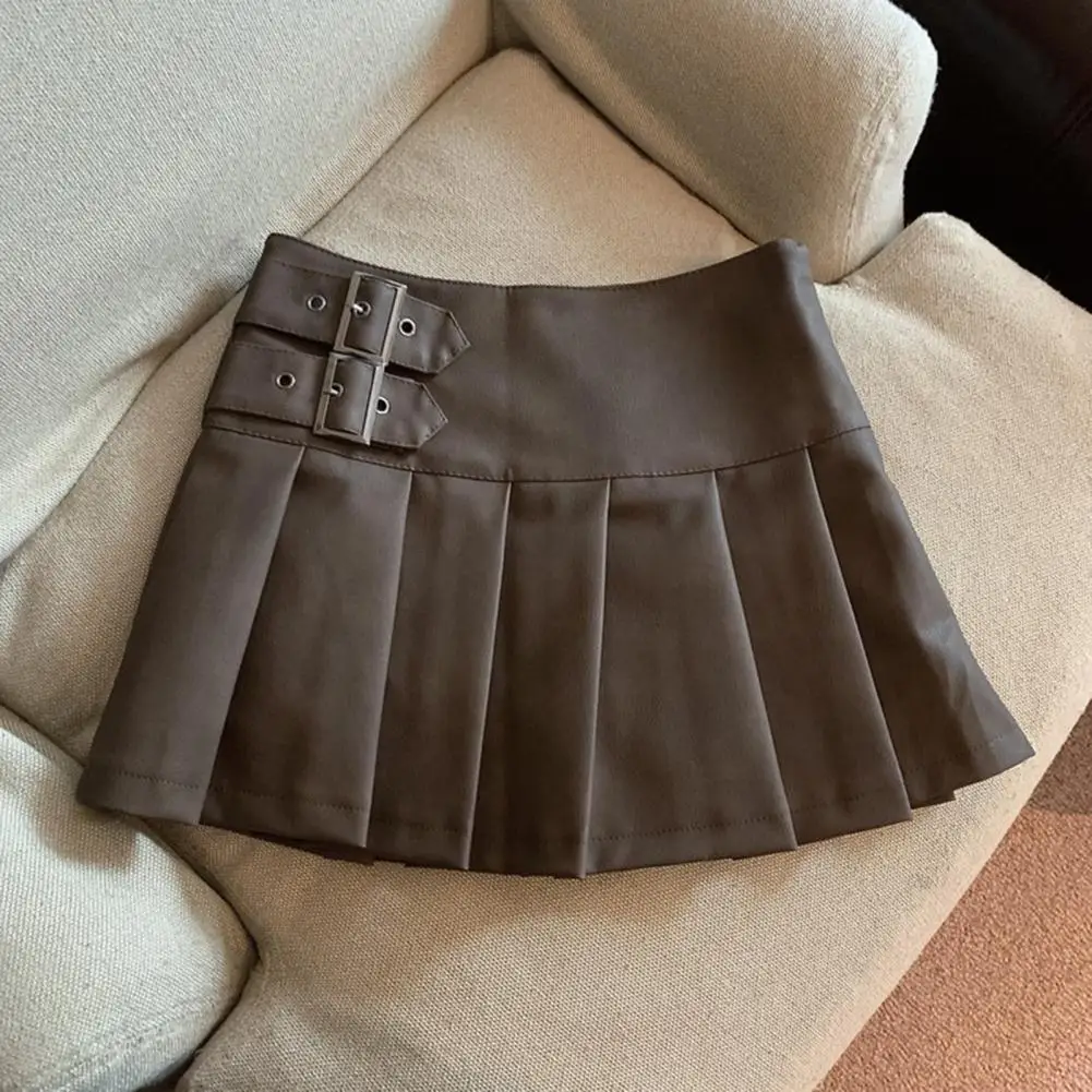 

Belted High Waist Skirt Women's Imitation Leather Mini Skirt with Belt Detail Pleated High Waist A-line Short Skirt Streetwear