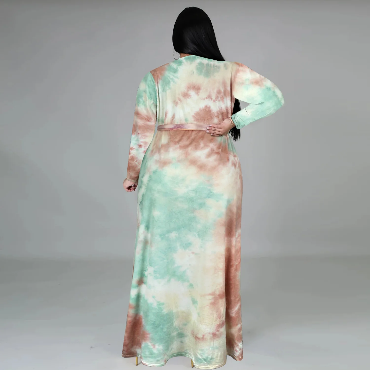 Odzież damska HAOOHU Plus Size sukienki 2023 nowa jesień duża elegancka sukienka Casual Tie Dye pasek z długim rękawem sukienka 5XL Urban