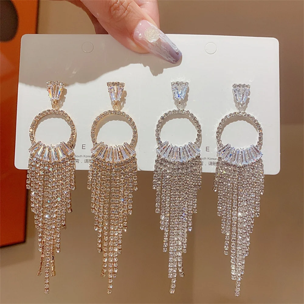14K Gold Plated Dainty Circle CZ Tassel Dangle Earrings for Women Sparkly Long Fringe Earring Party Evening Fashion Jewelry Gift