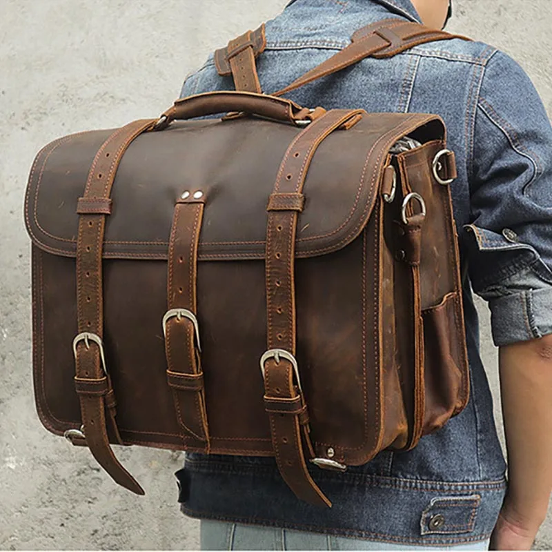 

Men Thick Genuine Leather Briefcase 16" Laptop Large Capacity Crazy Horse Leather Rucksack Multifunctional Shoulder Bag Handbag