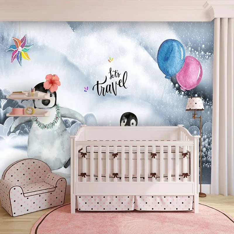 Custom 3D Wallpaper Cute Cartoon Penguin Balloon Children's Room Backdrop Wallpaper For Bedroom Walls Papel De Parede Home Décor