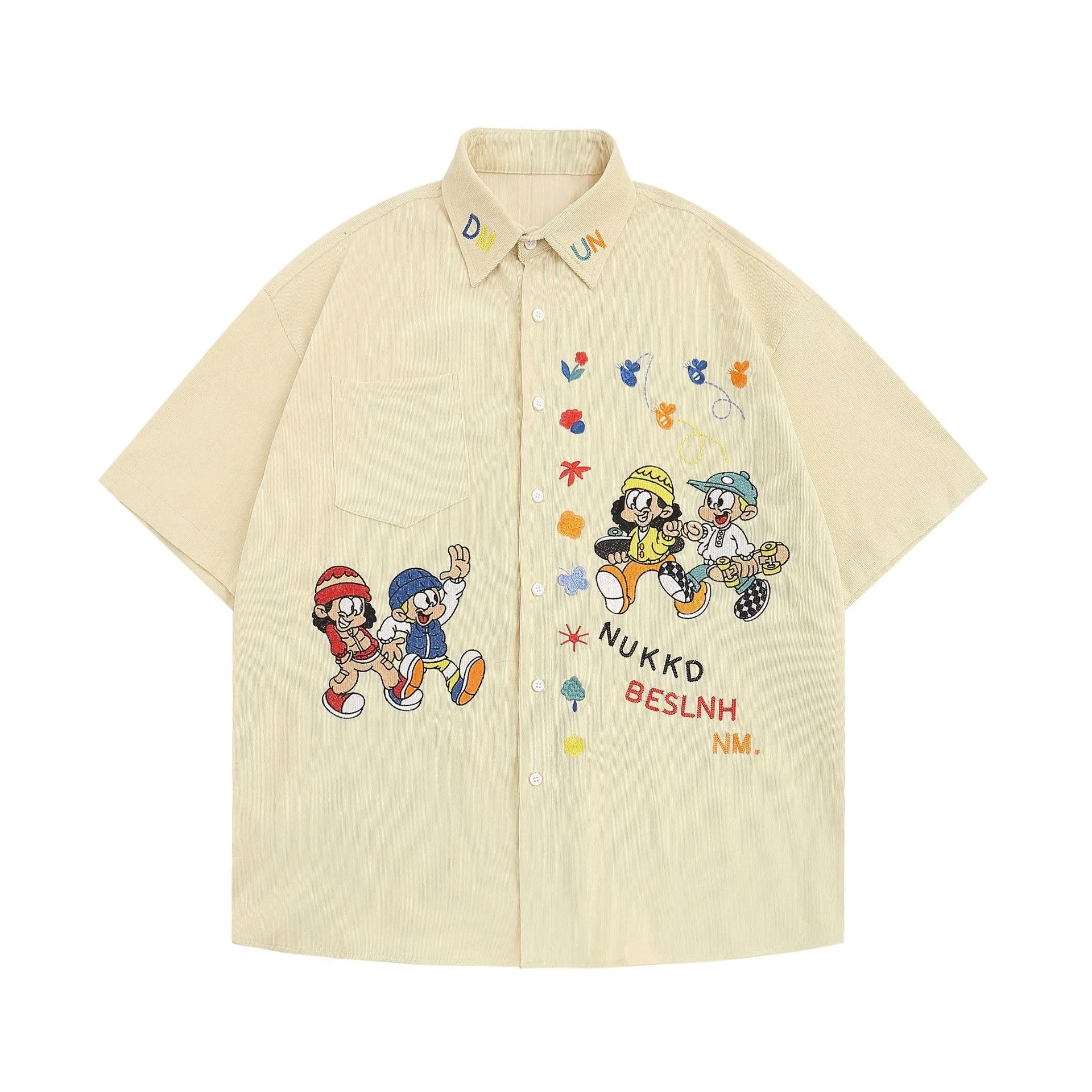 Hip Hop Corduroy Short Sleeve Shirt For Men & Women Korean Style Cartoon Letter Embroidery Chic Tops Summer 2023 Y2K Streetwear