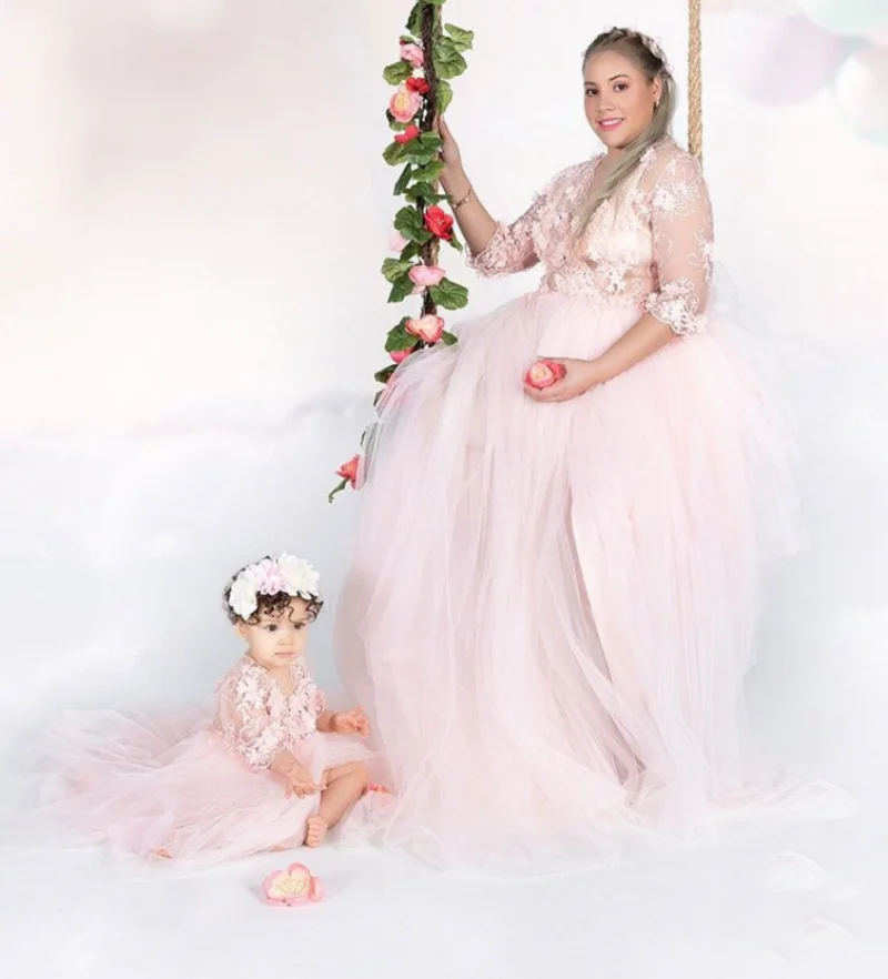 Vestidos a juego de madre e hija para primer cumpleaños, trajes de mamá y yo, encaje rosa claro, tul, sesión de fotos