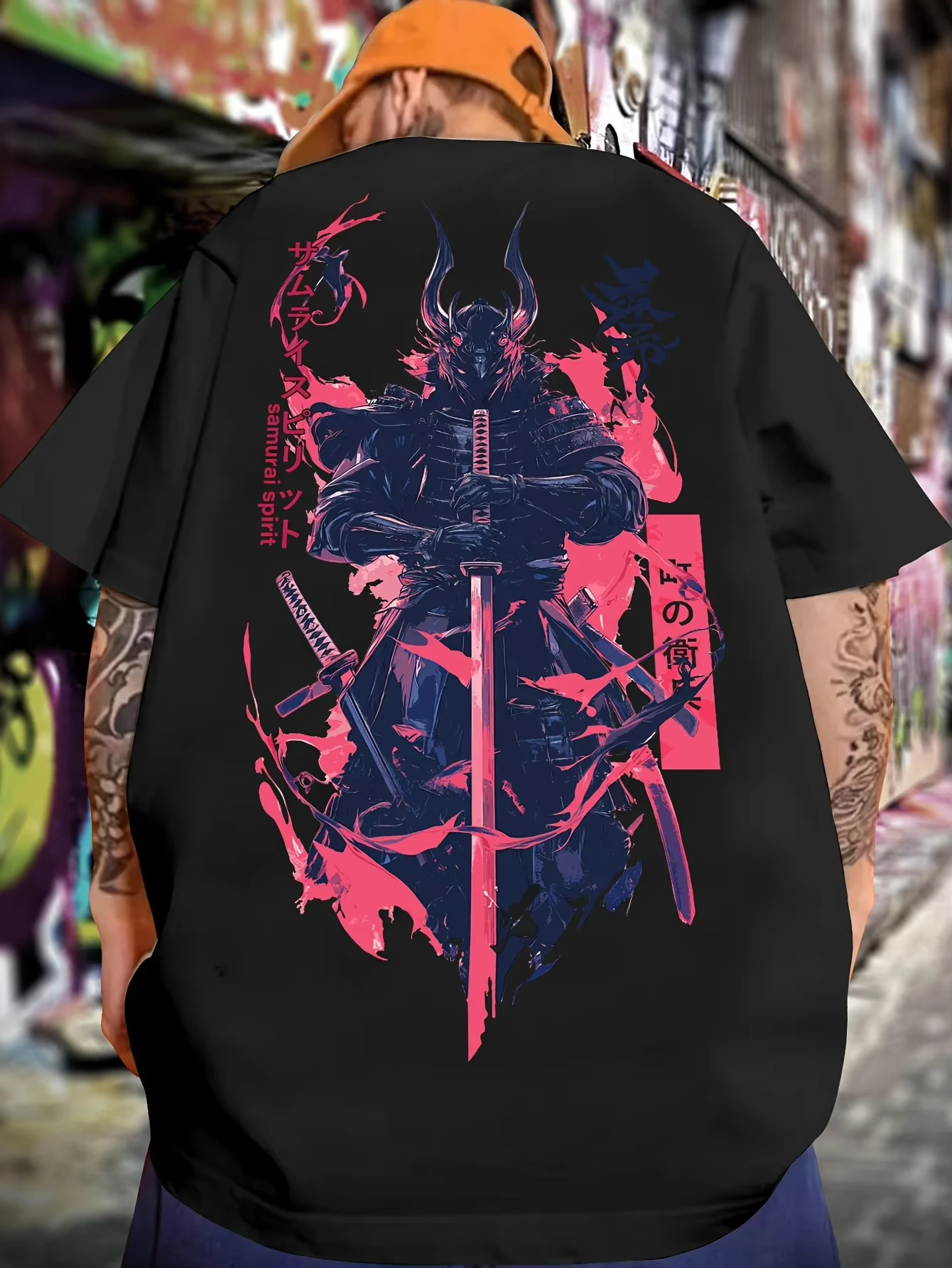 2026 New Summer Men T-shirt with Ink-style Sword-wielding Warrior Pattern Trendy and Fashionable Loose Fit Cotton Material