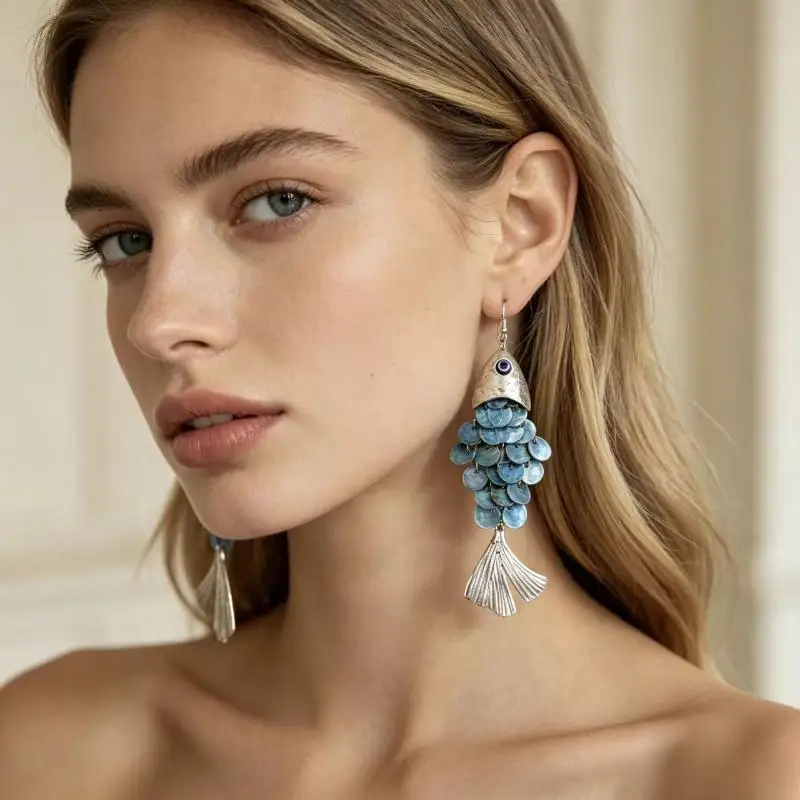 NEW Blue Sense Fish-shaped Earrings Creative Multi-layer Shell Scaly Tassel Drop Earrings Niche Summer Beach Vacation Jewelry