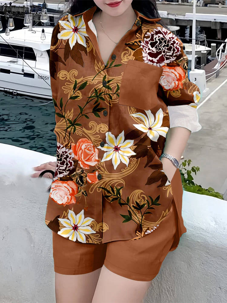 ZANZEA ストリートウェア ウエストゴム ショートパンツ セット 2025 夏 レディース 花柄プリント 長袖 カラーシャツ ツーピーススーツ ショートセット