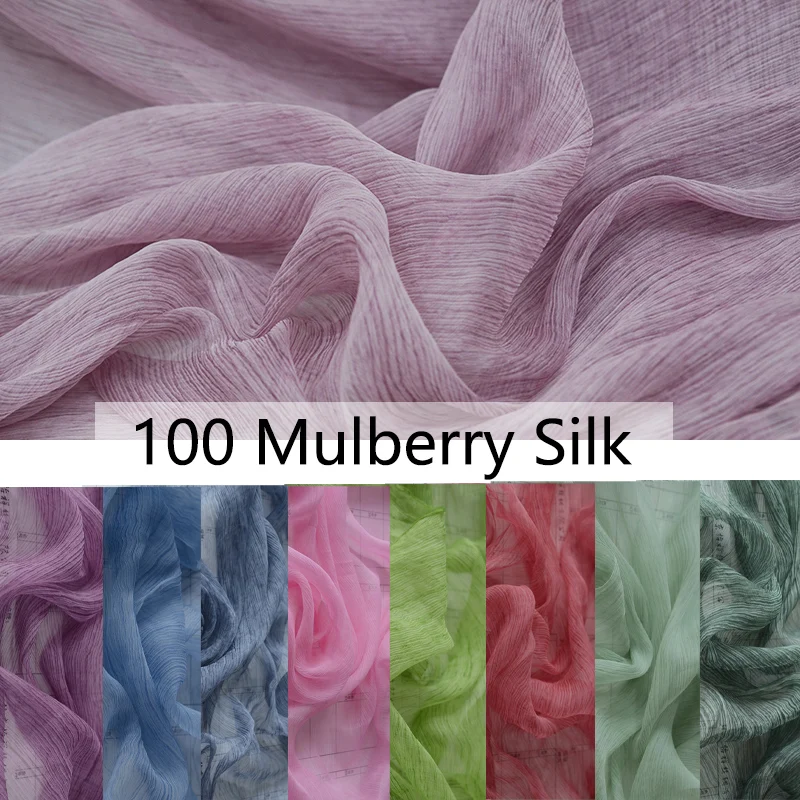 100% Mulberry Silk Creased Fabric Grass Dyeing Soft Fluffy Gauze 6M/M Width 115cm Georgette Cut By Meter