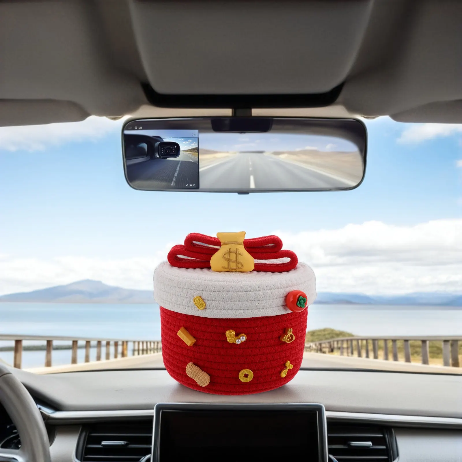 Round Woven Car Storage Organizer Cotton Rope Basket with Lid Snack Sundries Bin Vehicle Interior Tidy Solution for Commuting