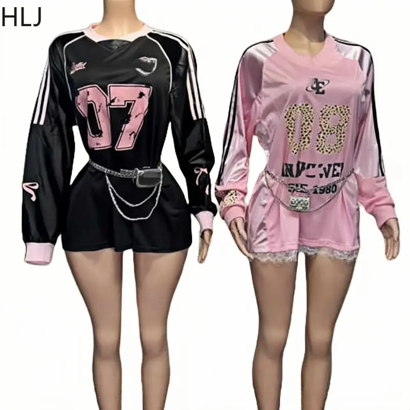 HLJ Pink Y2K Fashion Letter Printing Loose Tshirt Dress Women American Retro V Neck Long Sleeve American Retro Straight Vestidos