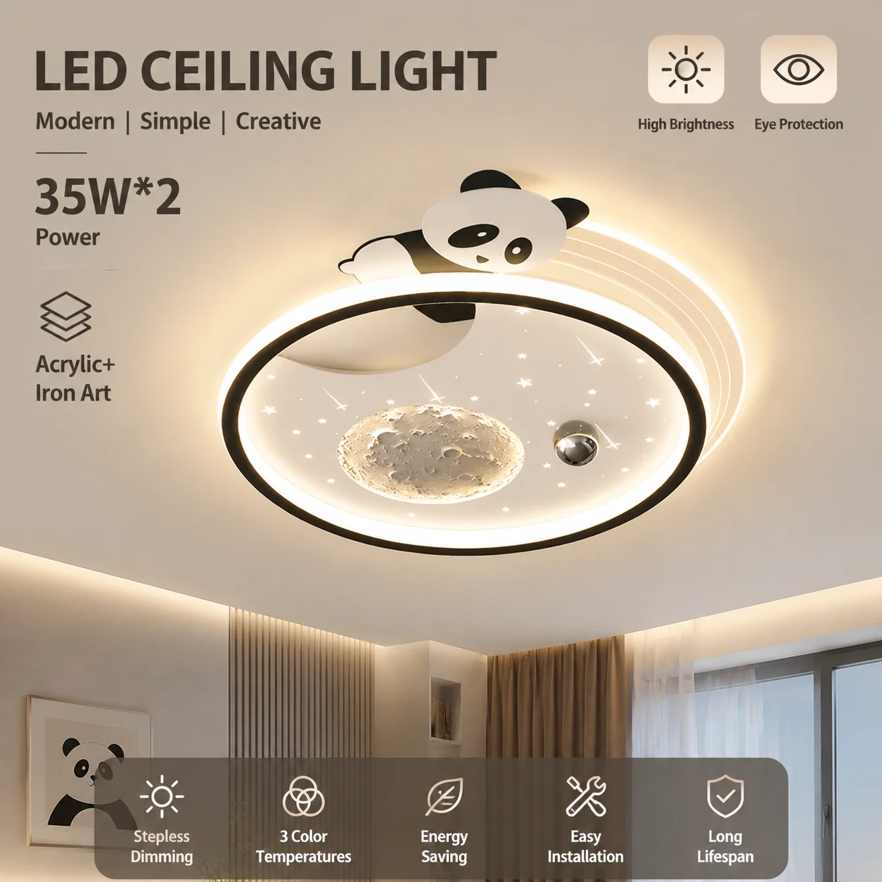 2026 New Panda Moon LED Ceiling Light,Modern Minimalist Kids Bedroom Lamp Cute Cartoon Ceiling Lamp for Boys Girls Children Room