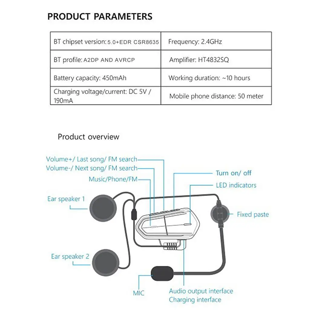 Bluetooth Helmet Headset with Microphone Call and FM Compatible with Motorcycle Helmet Liner