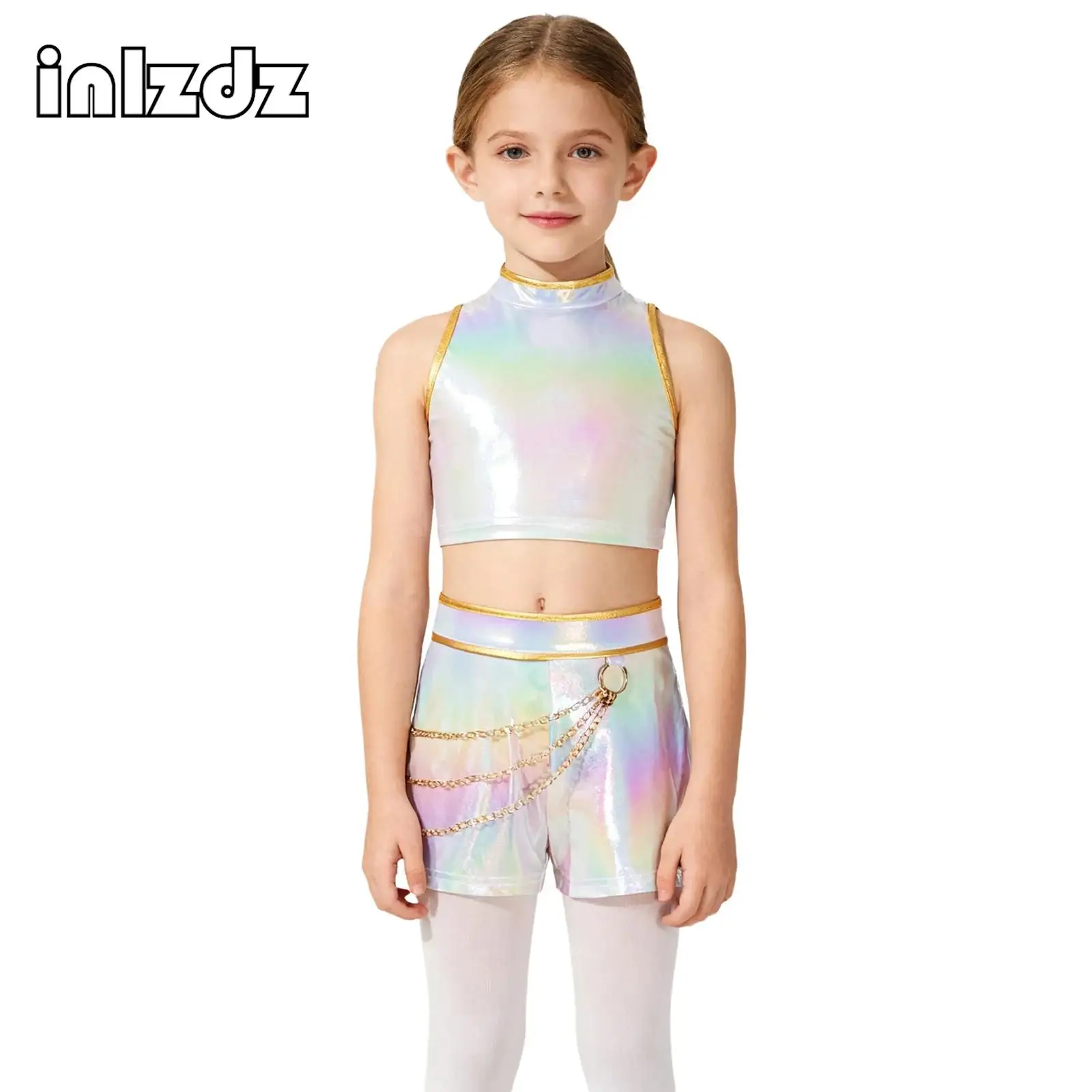 

Girls Singer Roleplay Outfit Dress Up Sleeveless Crop Top And Detachable Belt Waist Chain Shorts for Festival Daily Fashion Wear