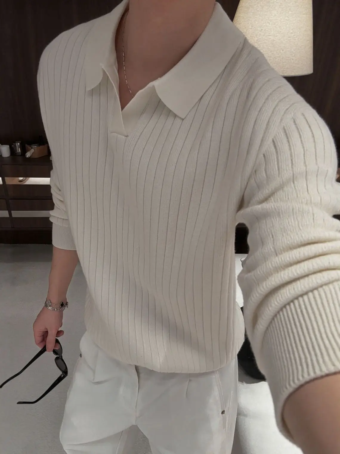 

Vintage Preppy Sle Men's Knitwear irt Horizontal Stripes Casual Flip-Collar Sweater High-End Feeling Leisure Sweater