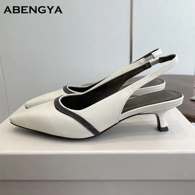 

Summer White Leather Kitten Heels Shoes Woman Pointy Toe Slingback Mules Dress Shoes Designer Fashion Party Banquet Shoes Women
