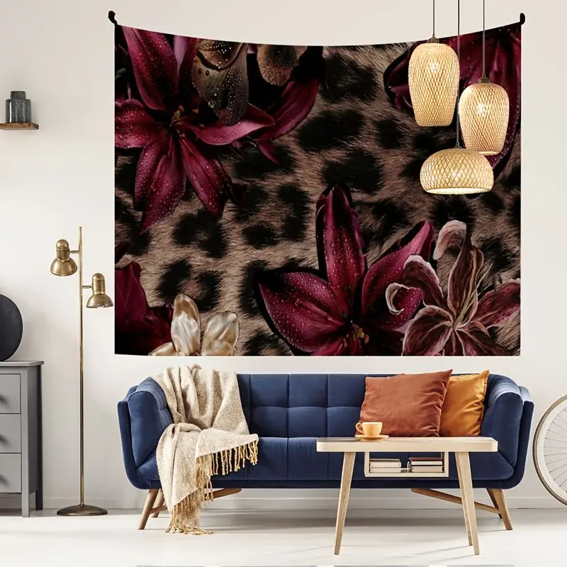 VIKAMA Retro Leopard Pattern Wine Red Water Drop Lily Printed Tapestry Background Cloth Wall Hanging Trendy Room Decoration